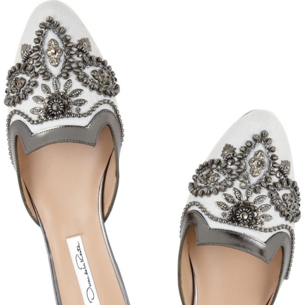 OSCAR DE LA RENTA Mule Embellished Linen /Leather